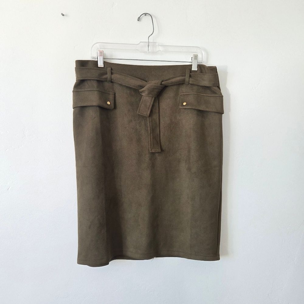 NYCC Olive Green Faux Suede Midi Skirt Waist Tie Preppy Professional Modest L